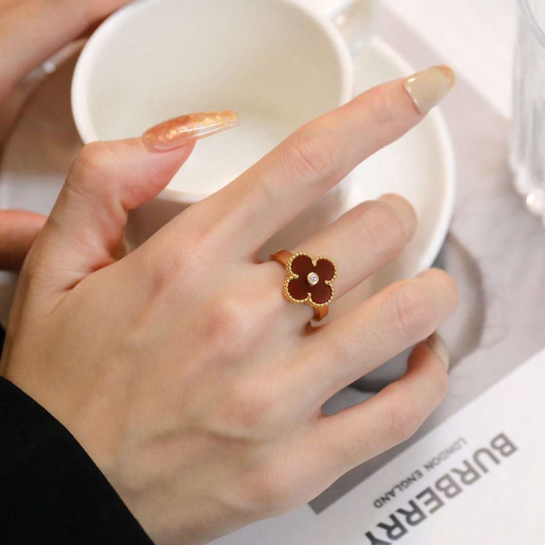 [Vintora]CLOVER CARNELIAN RING ROSE GOLD DIAMOND