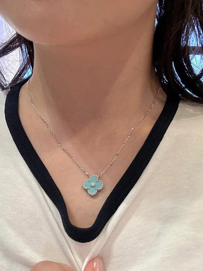 [Vintora]COLLIER TRÈFLE 1 DIAMANT BLEU CLAIR ARGENT