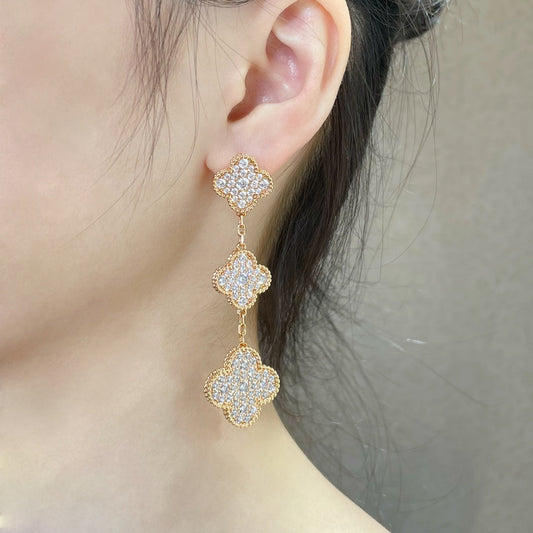 [Vintora]CLOVER 3 MOTIFS DIAMOND PAVED ROSE GOLD EARRINGS