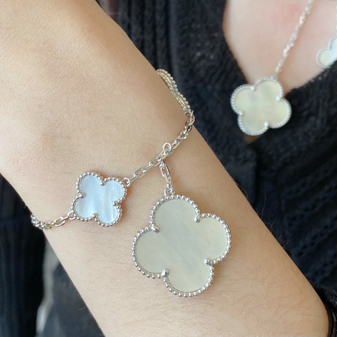 [Vintora]BRACELET CLOVER 5 MOTIFS NACRE BLANCHE ARGENT