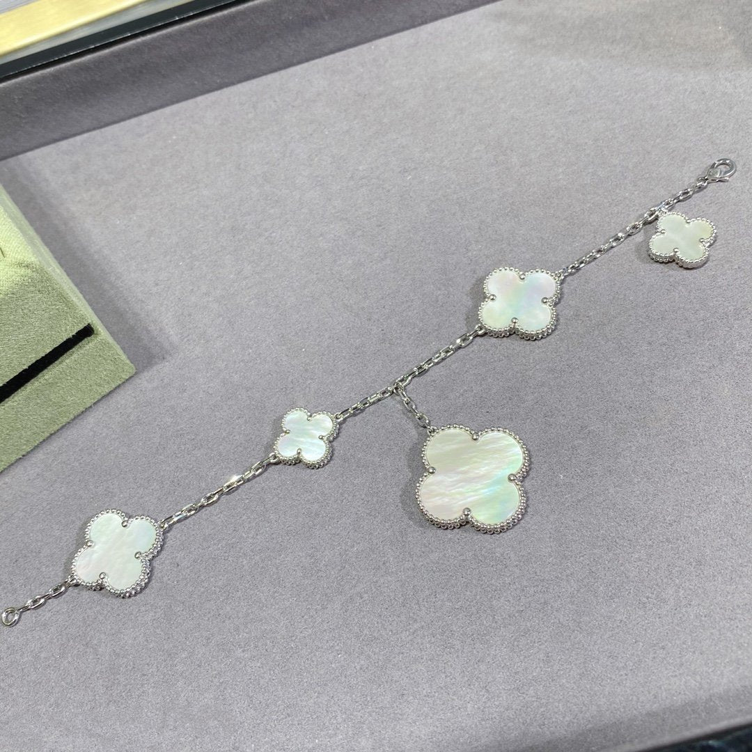 [Vintora]BRACELET CLOVER 5 MOTIFS NACRE BLANCHE ARGENT