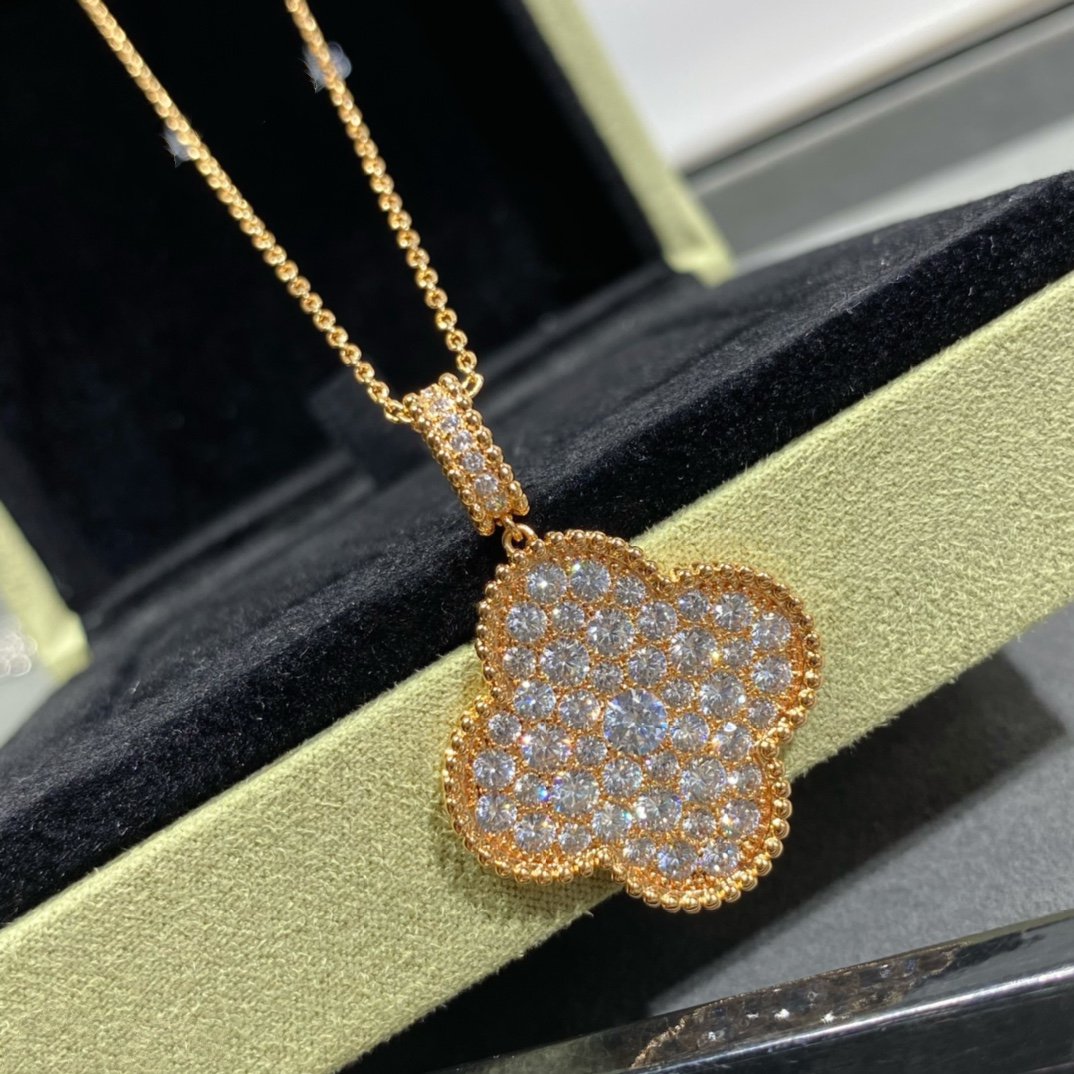 [Vintora]COLLIER LONG PENDENTIF CLOVER 25 MM GRAND PAVÉ DE DIAMANTS