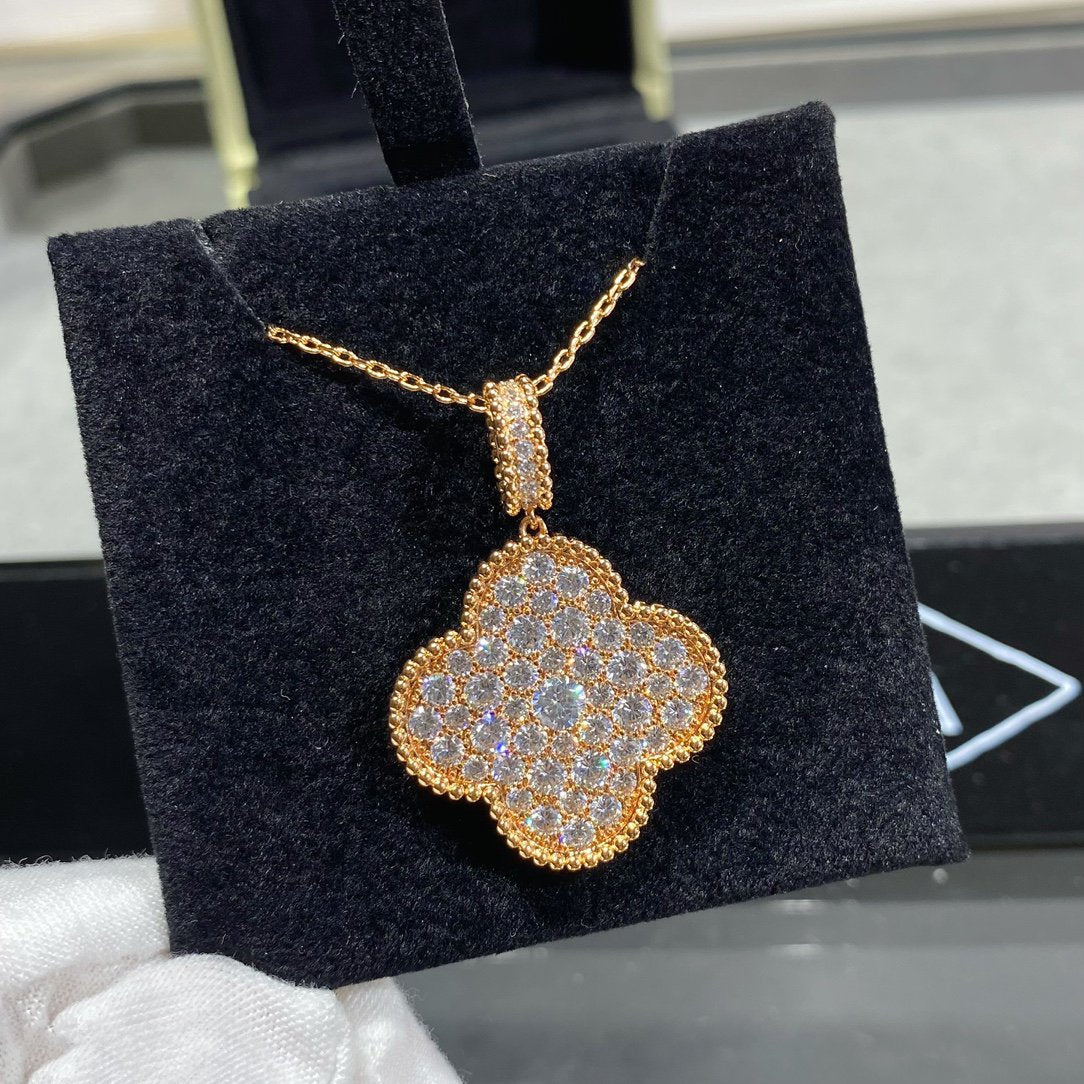[Vintora]COLLIER LONG PENDENTIF CLOVER 25 MM GRAND PAVÉ DE DIAMANTS