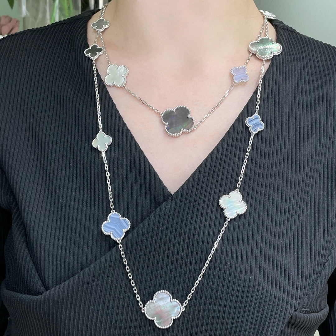 [Vintora]COLLIER EN ARGENT CHALCEDOINE ET NACRE A MOTIFS CLOVER 16