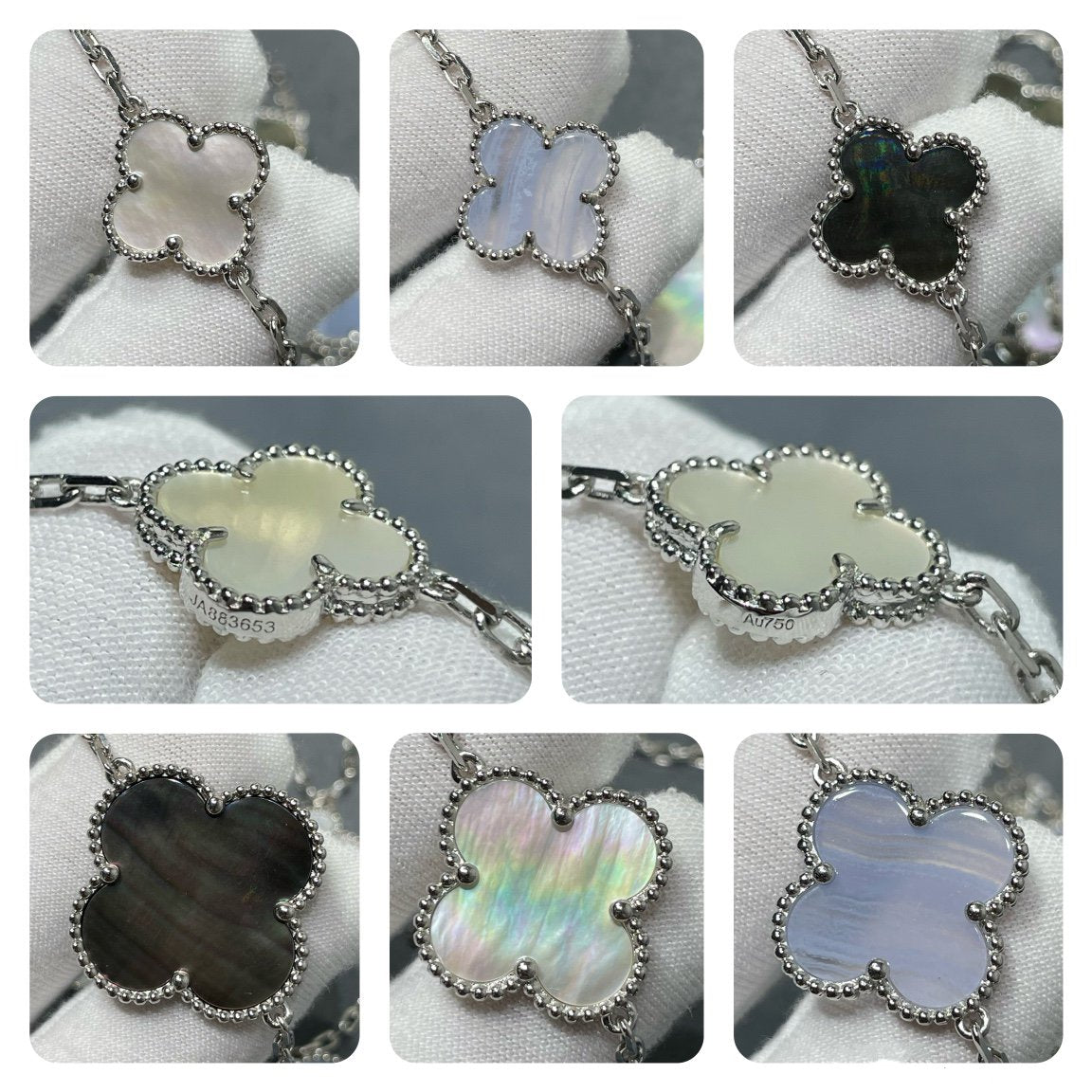 [Vintora]COLLIER EN ARGENT CHALCEDOINE ET NACRE A MOTIFS CLOVER 16