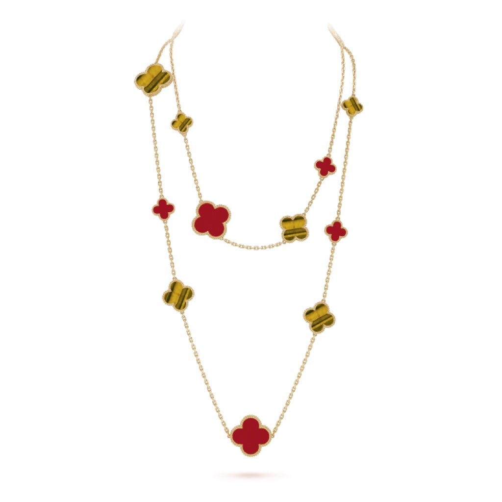 [Vintora]COLLIER TRÈFLE 16 MOTIFS CORNALINE OEIL DE TIGRE OR ROSE