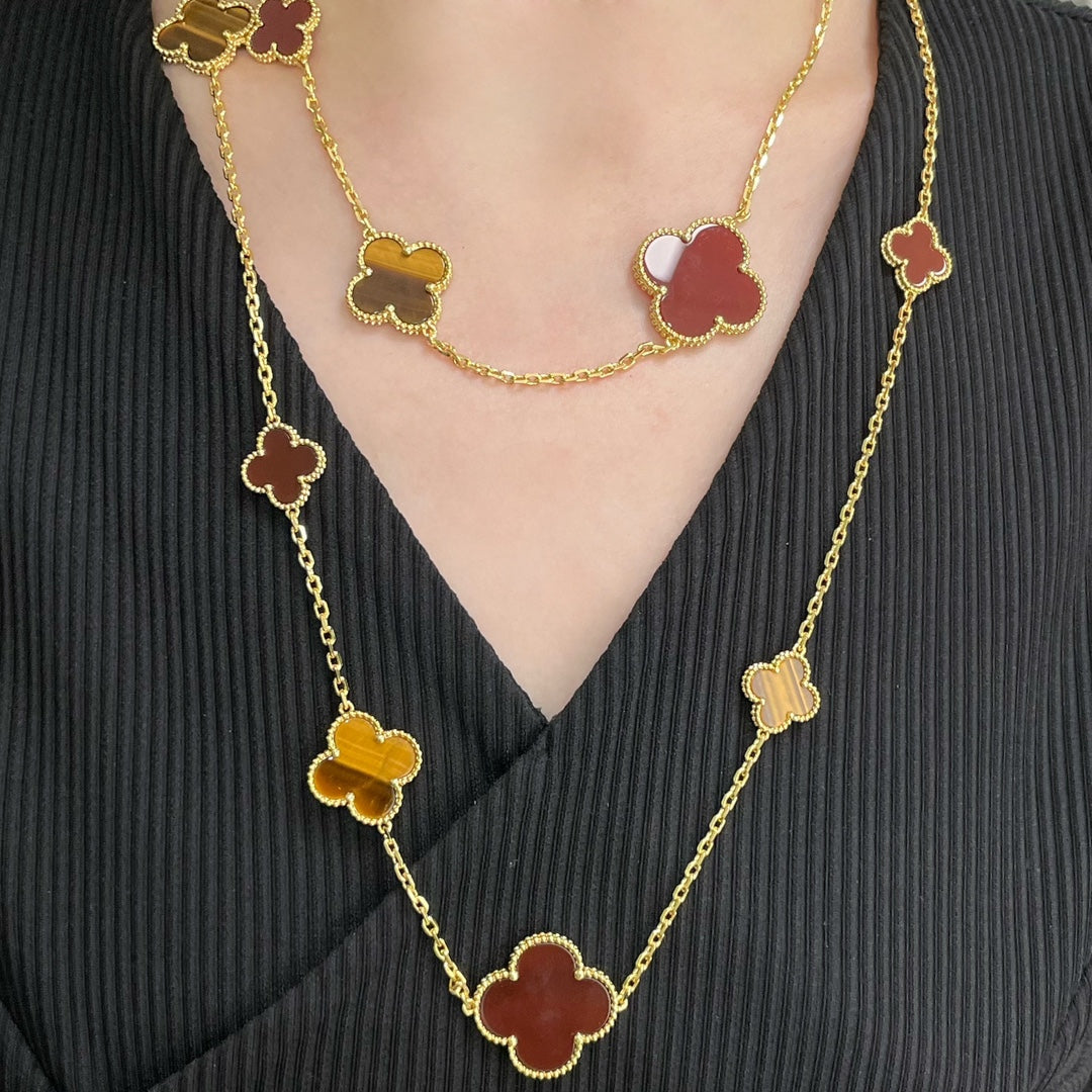 [Vintora]COLLIER TRÈFLE 16 MOTIFS CORNALINE OEIL DE TIGRE OR ROSE