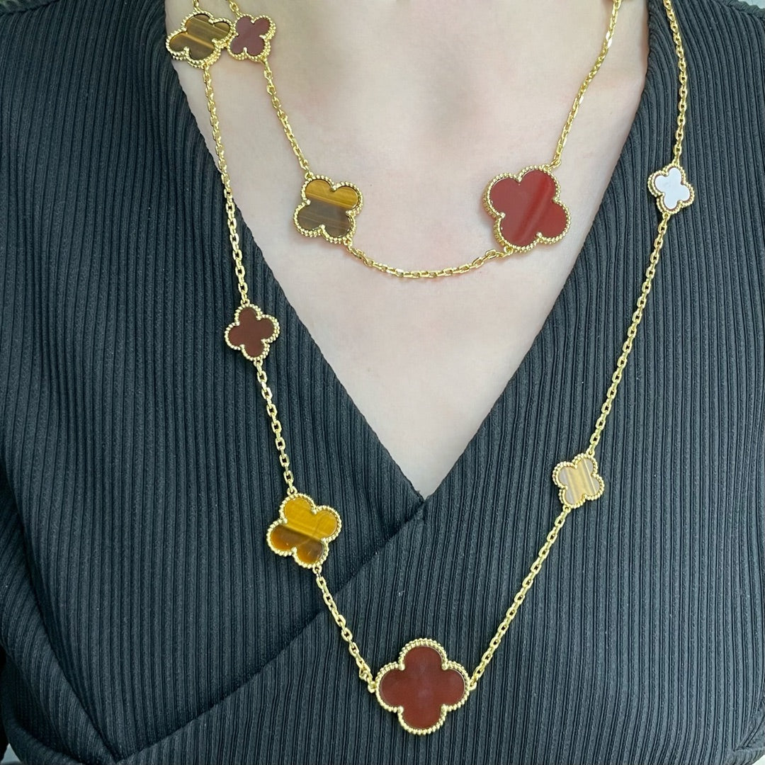 [Vintora]COLLIER TRÈFLE 16 MOTIFS CORNALINE OEIL DE TIGRE OR ROSE