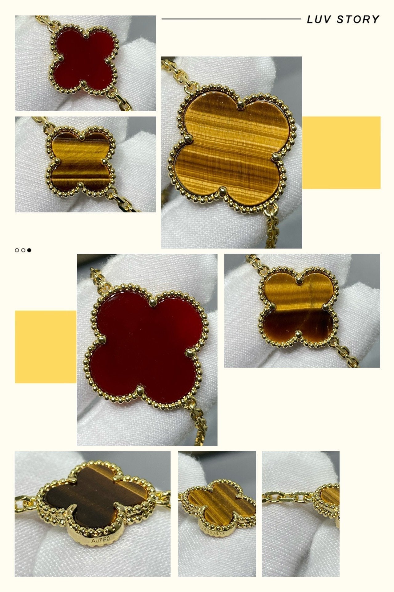 [Vintora]COLLIER TRÈFLE 16 MOTIFS CORNALINE OEIL DE TIGRE OR ROSE