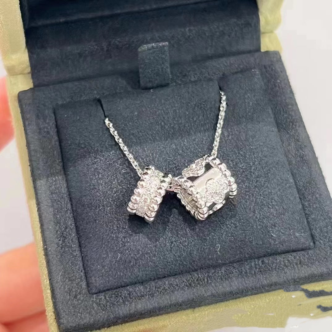 [Vintora]COLLIER DOUBLE PENDENTIF PERLEE EN ARGENT ET DIAMANT