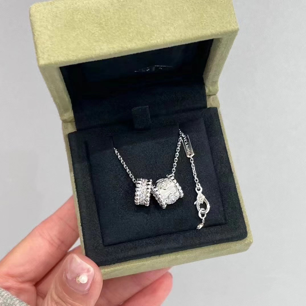 [Vintora]COLLIER DOUBLE PENDENTIF PERLEE EN ARGENT ET DIAMANT
