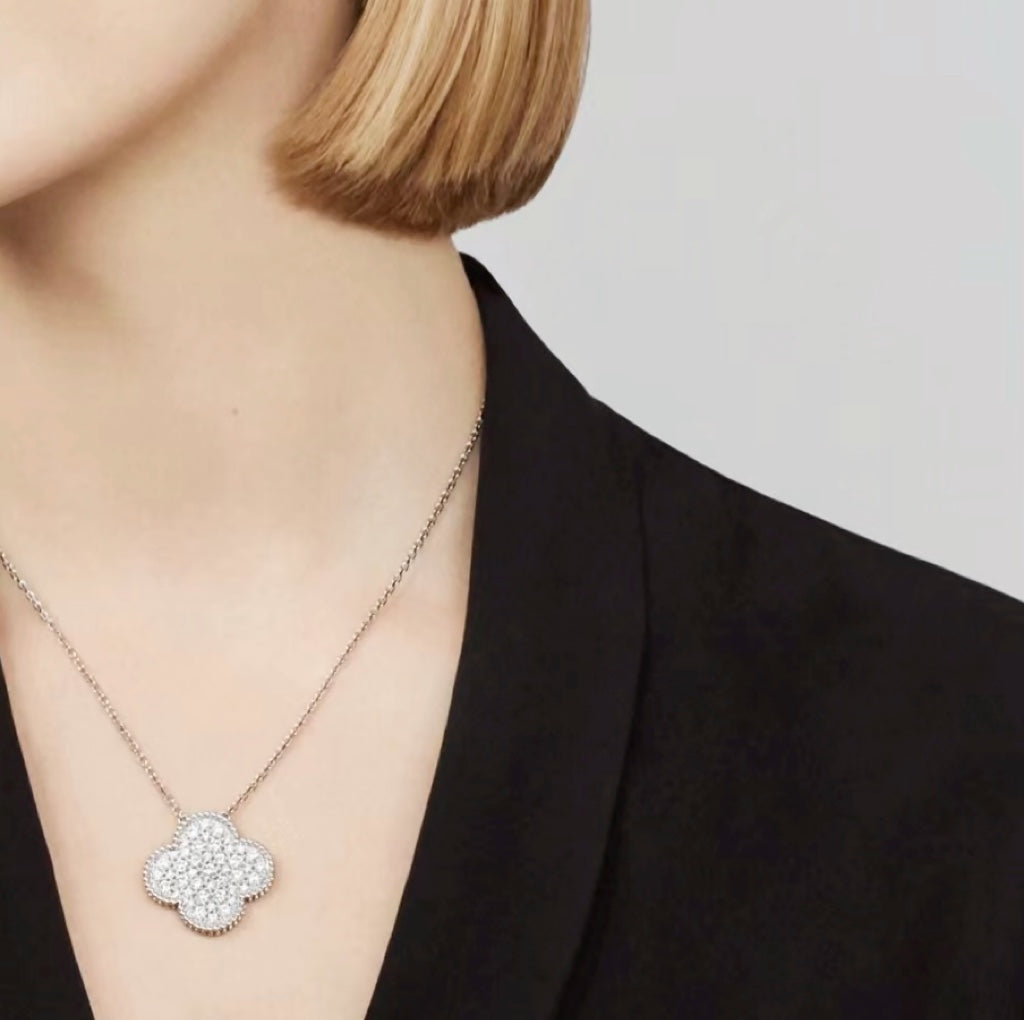[Vintora]COLLIER PENDENTIF CLOVER 25MM GRAND PAVÉ DE DIAMANTS EN ARGENT