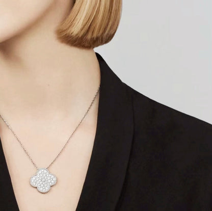 [Vintora]COLLIER PENDENTIF CLOVER 25MM GRAND PAVÉ DE DIAMANTS EN ARGENT