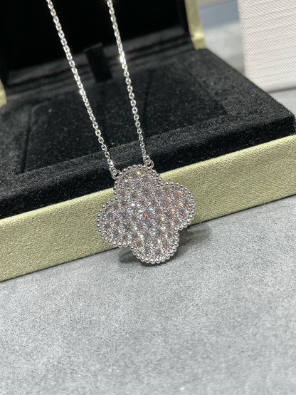 [Vintora]COLLIER PENDENTIF CLOVER 25MM GRAND PAVÉ DE DIAMANTS EN ARGENT