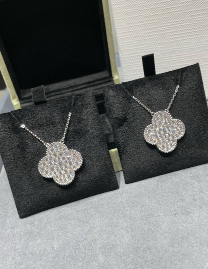 [Vintora]COLLIER PENDENTIF CLOVER 25MM GRAND PAVÉ DE DIAMANTS EN ARGENT