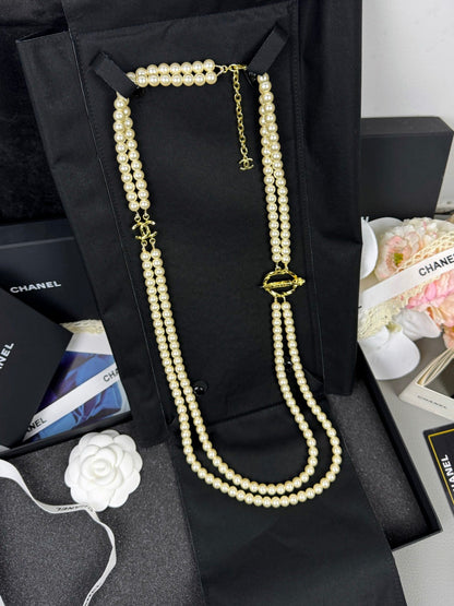[Vintora]25K Pencil Double C Double-Layer Pearl Sweater Chain