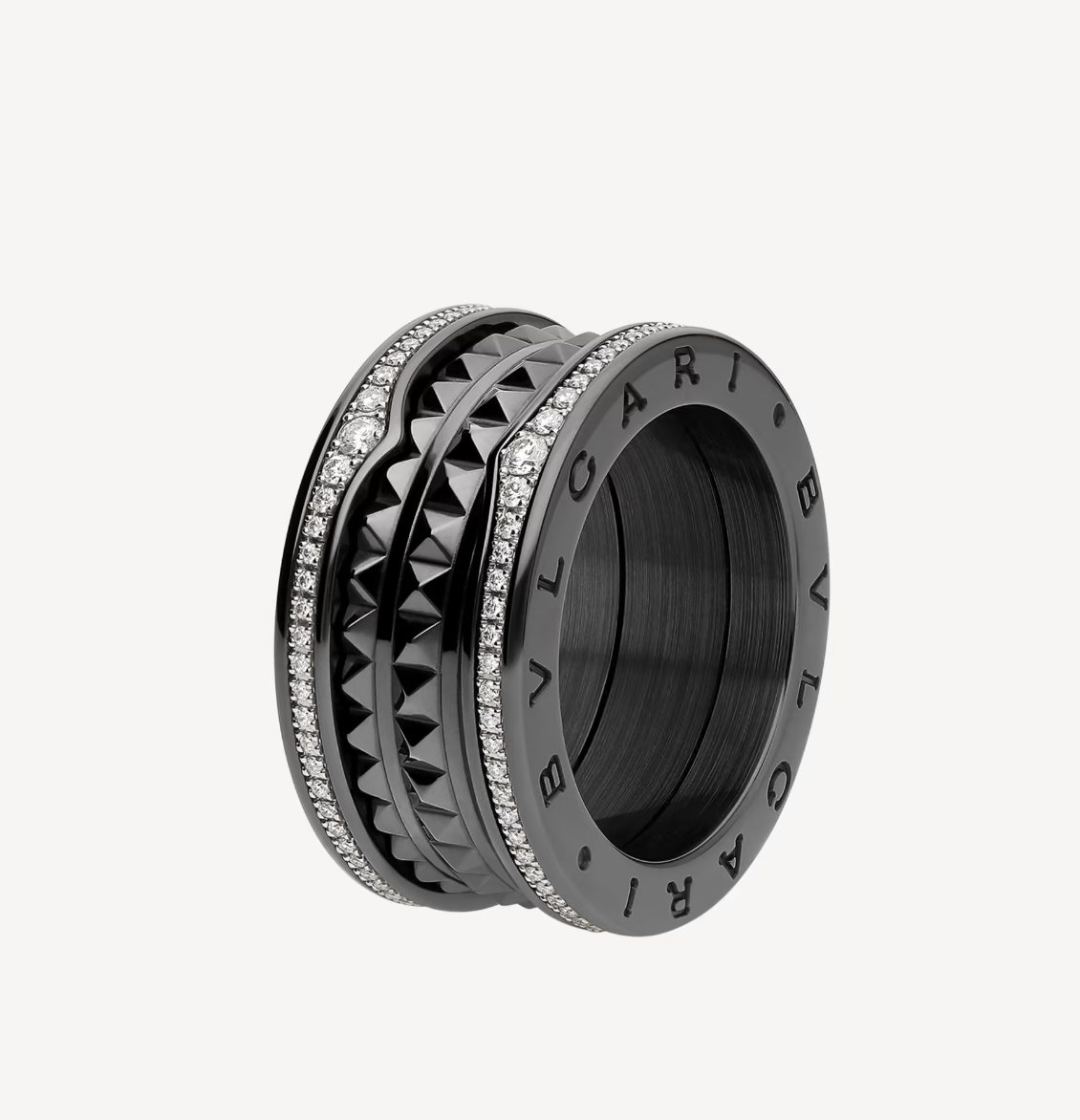 [Vintora]ZERO 1 ROCK FOUR-BAND BLACK CERAMIC WITH STUDDED SPIRAL AND PAVED DIAMONDS RING