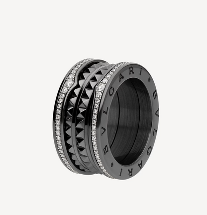 [Vintora]ZERO 1 ROCK FOUR-BAND BLACK CERAMIC WITH STUDDED SPIRAL AND PAVED DIAMONDS RING