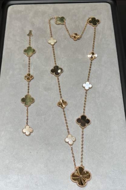 [?Vintora]DETACHABLE CLOVER 15(11+4) FLOWER SILVER NECKLACE SET