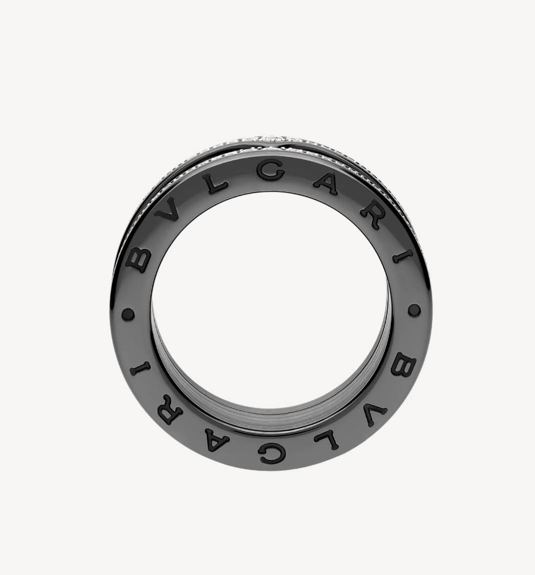[Vintora]ZERO 1 ROCK FOUR-BAND BLACK CERAMIC WITH STUDDED SPIRAL AND PAVED DIAMONDS RING