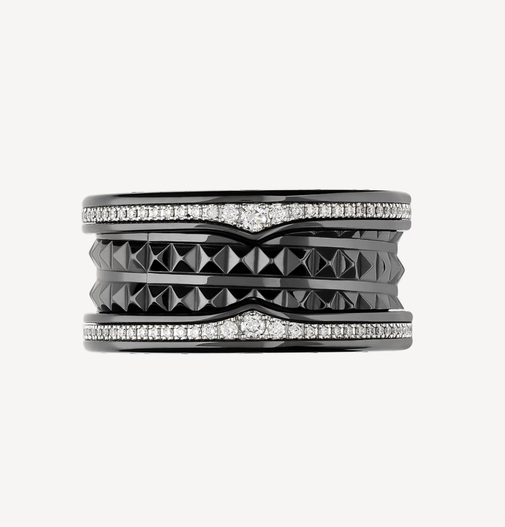 [Vintora]ZERO 1 ROCK FOUR-BAND BLACK CERAMIC WITH STUDDED SPIRAL AND PAVED DIAMONDS RING