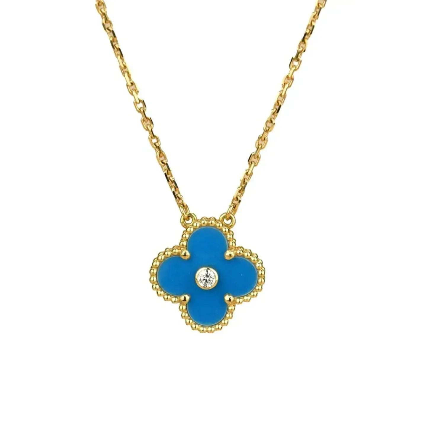 [Vintora]COLLIER TRÈFLE 15 MM DIAMANT ET AGATE BLEUE