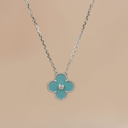 [Vintora]COLLIER EN PORCELAINE SVRES DIAMANT 15 MM TRÈFLE ARGENT