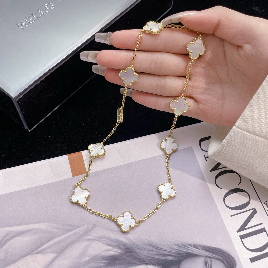 [Vintora]COLLIER TRÈFLE 10 MOTIFS NACRE BLANCHE