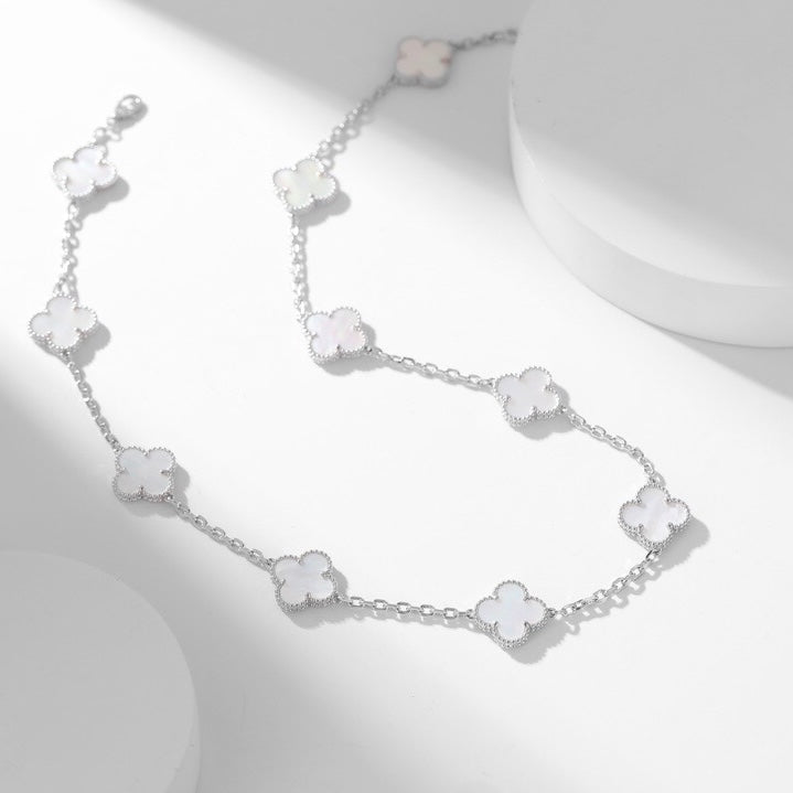 [Vintora]COLLIER TRÈFLE 10 MOTIFS NACRE BLANCHE