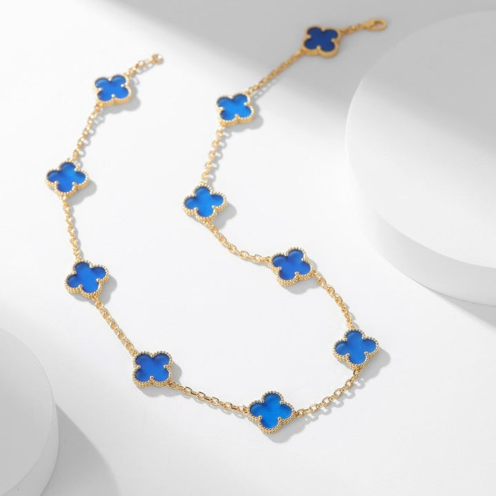 [Vintora]COLLIER TRÈFLE 10 MOTIFS AGATE BLEUE