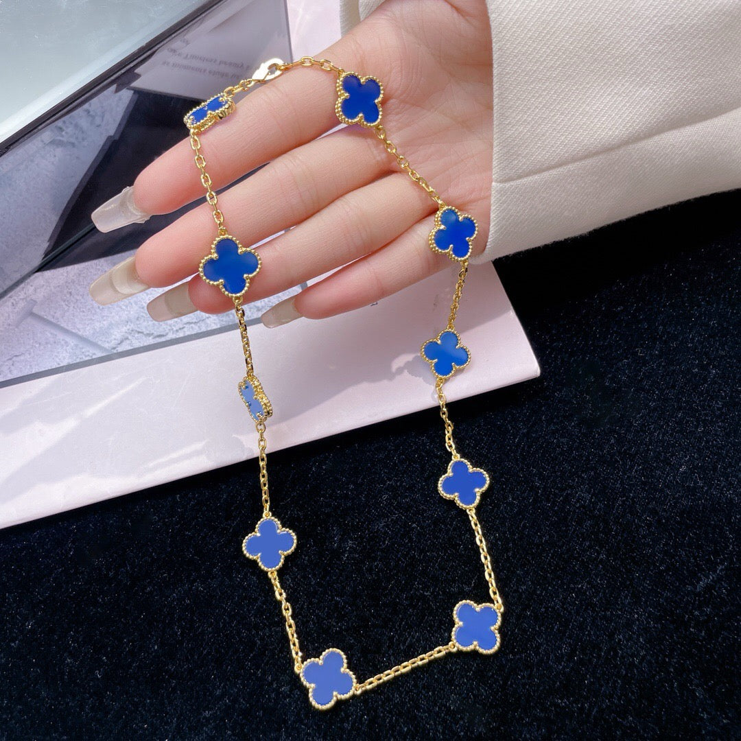 [Vintora]COLLIER TRÈFLE 10 MOTIFS AGATE BLEUE