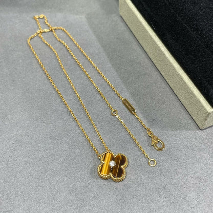 [Vintora]COLLIER TRÈFLE 15 MM DIAMANT ET ŒIL DE TIGRE JAUNE