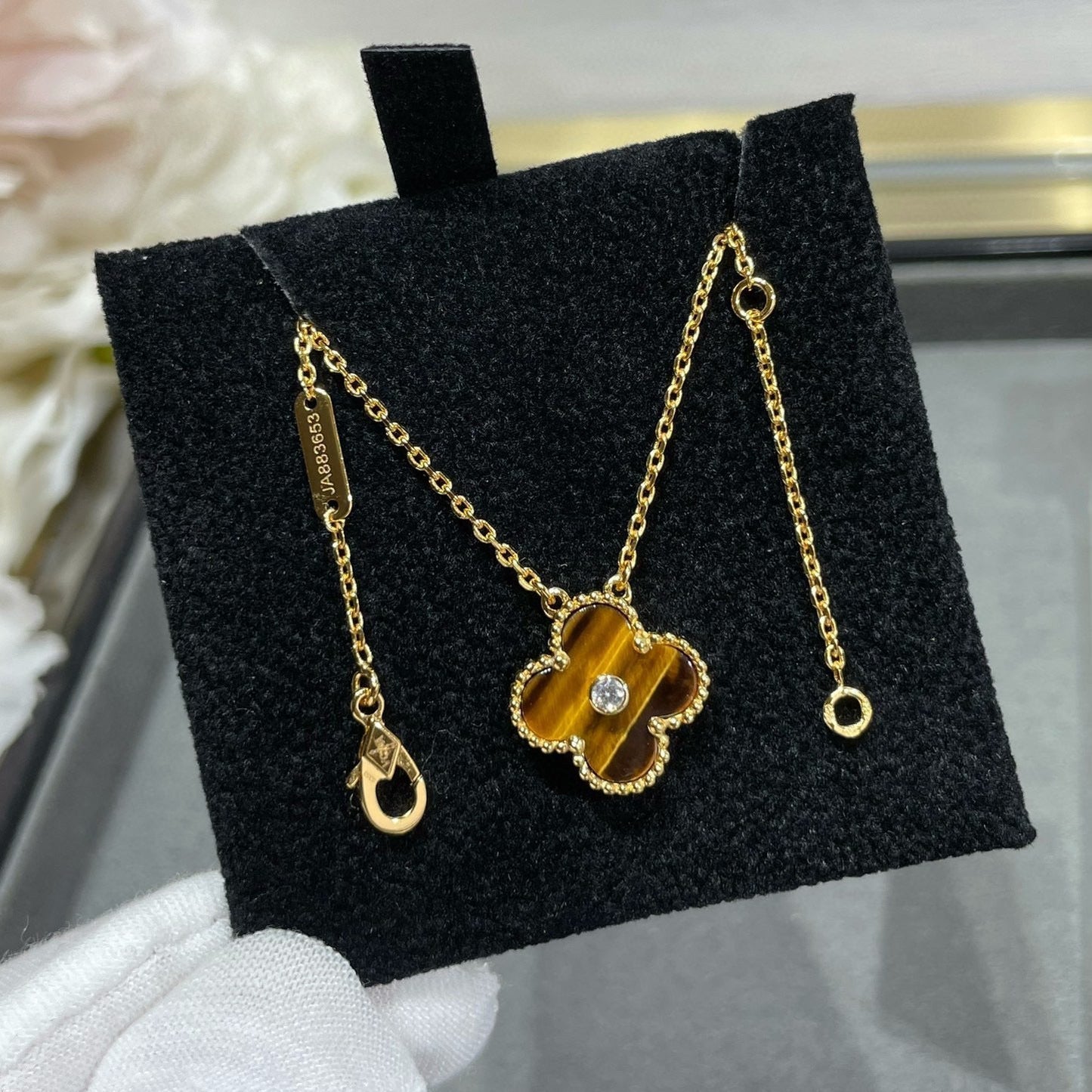 [Vintora]COLLIER TRÈFLE 15 MM DIAMANT ET ŒIL DE TIGRE JAUNE