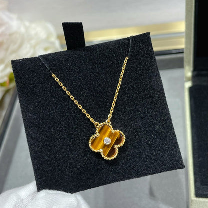[Vintora]COLLIER TRÈFLE 15 MM DIAMANT ET ŒIL DE TIGRE JAUNE