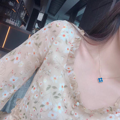 [Vintora]COLLIER TRÈFLE 15 MM DIAMANT ET AGATE BLEUE