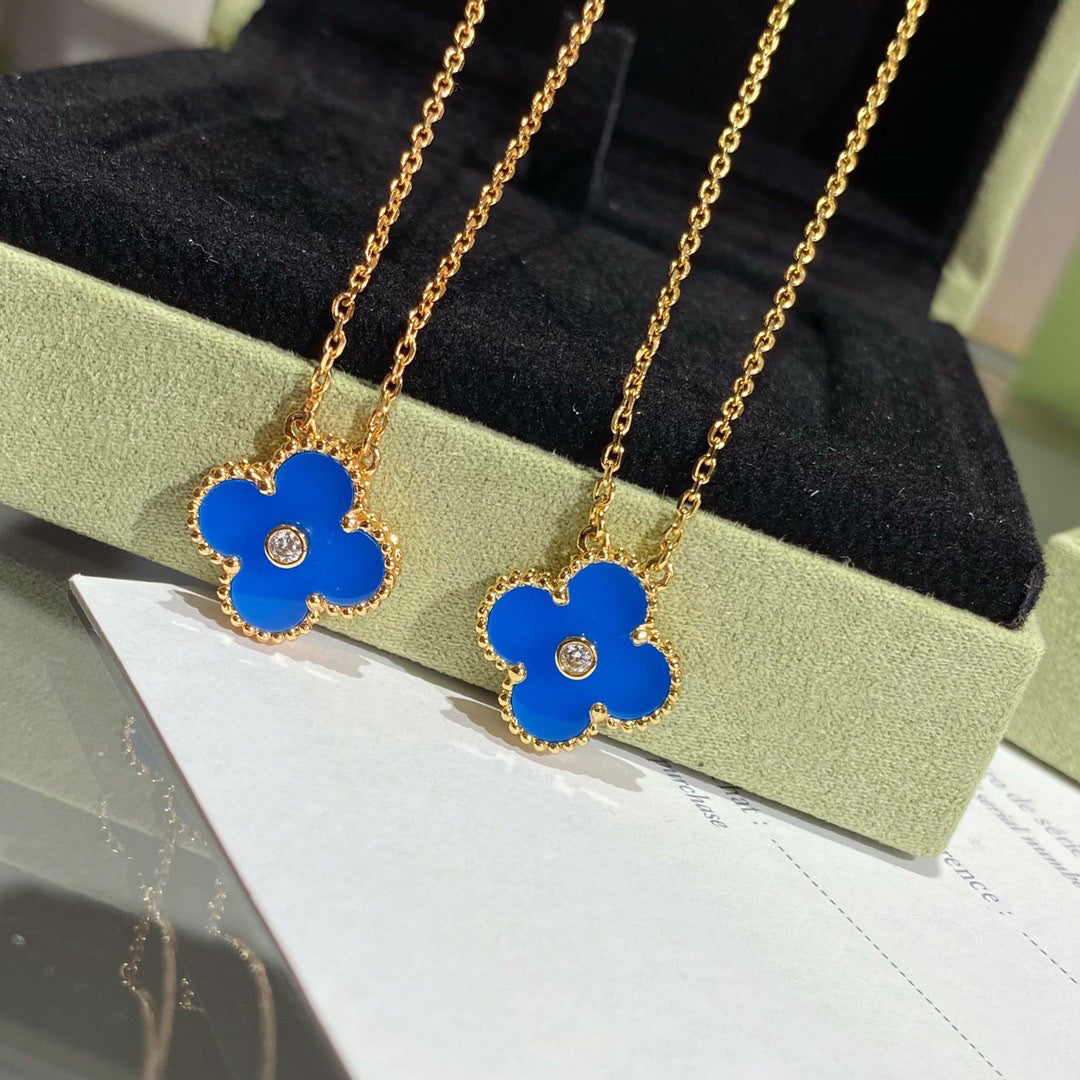 [Vintora]COLLIER TRÈFLE 15 MM DIAMANT ET AGATE BLEUE