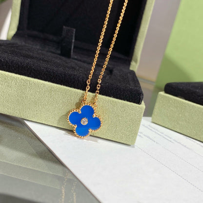 [Vintora]COLLIER TRÈFLE 15 MM DIAMANT ET AGATE BLEUE