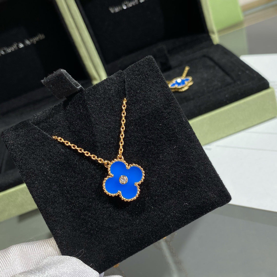 [Vintora]COLLIER TRÈFLE 15 MM DIAMANT ET AGATE BLEUE