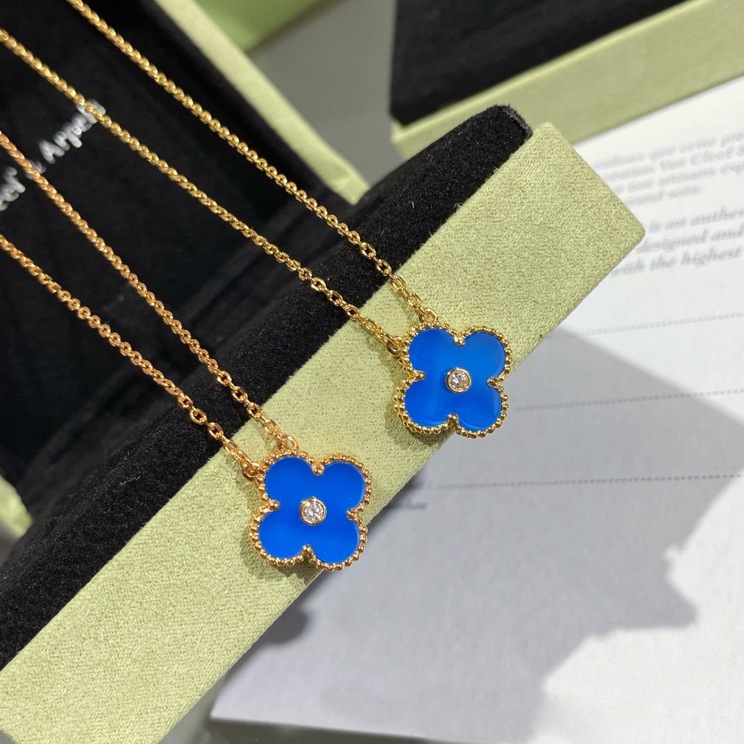 [Vintora]COLLIER TRÈFLE 15 MM DIAMANT ET AGATE BLEUE