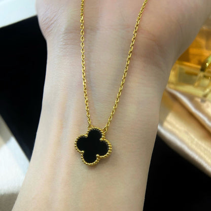 [Vintora]COLLIER FLEUR UNIQUE ONYX NOIR 15MM CLOVER