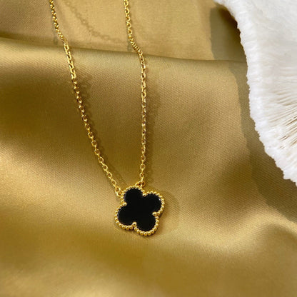 [Vintora]COLLIER FLEUR UNIQUE ONYX NOIR 15MM CLOVER