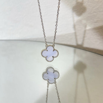[Vintora]COLLIER TRÈFLE 15MM CALCÉDOINE BLEUE ARGENT