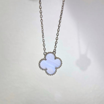[Vintora]COLLIER TRÈFLE 15MM CALCÉDOINE BLEUE ARGENT