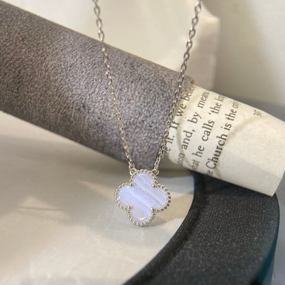 [Vintora]COLLIER TRÈFLE 15MM CALCÉDOINE BLEUE ARGENT