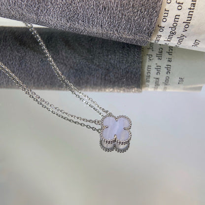 [Vintora]COLLIER TRÈFLE 15MM CALCÉDOINE BLEUE ARGENT