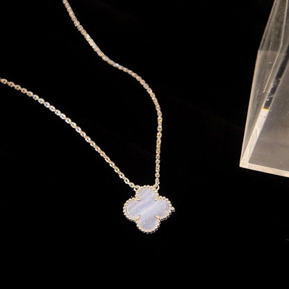 [Vintora]COLLIER TRÈFLE 15MM CALCÉDOINE BLEUE ARGENT