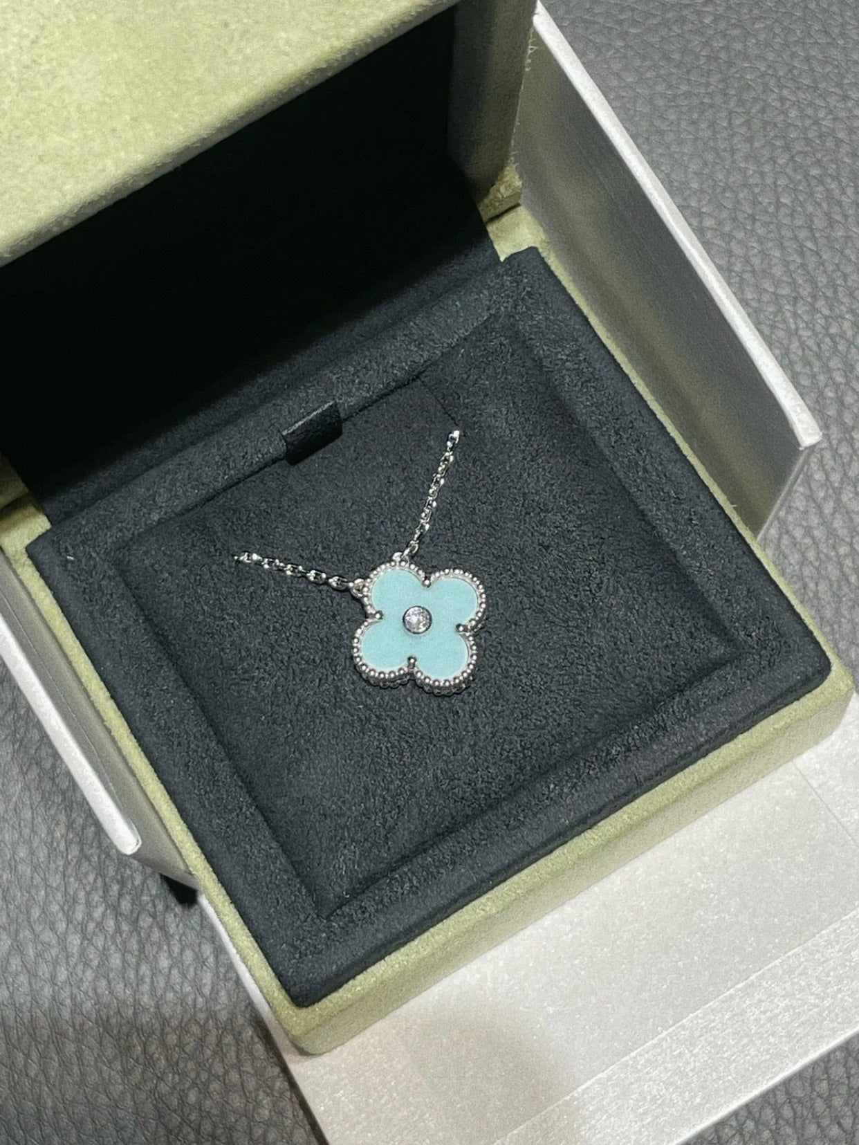 [Vintora]COLLIER TRÈFLE 1 DIAMANT BLEU CLAIR ARGENT
