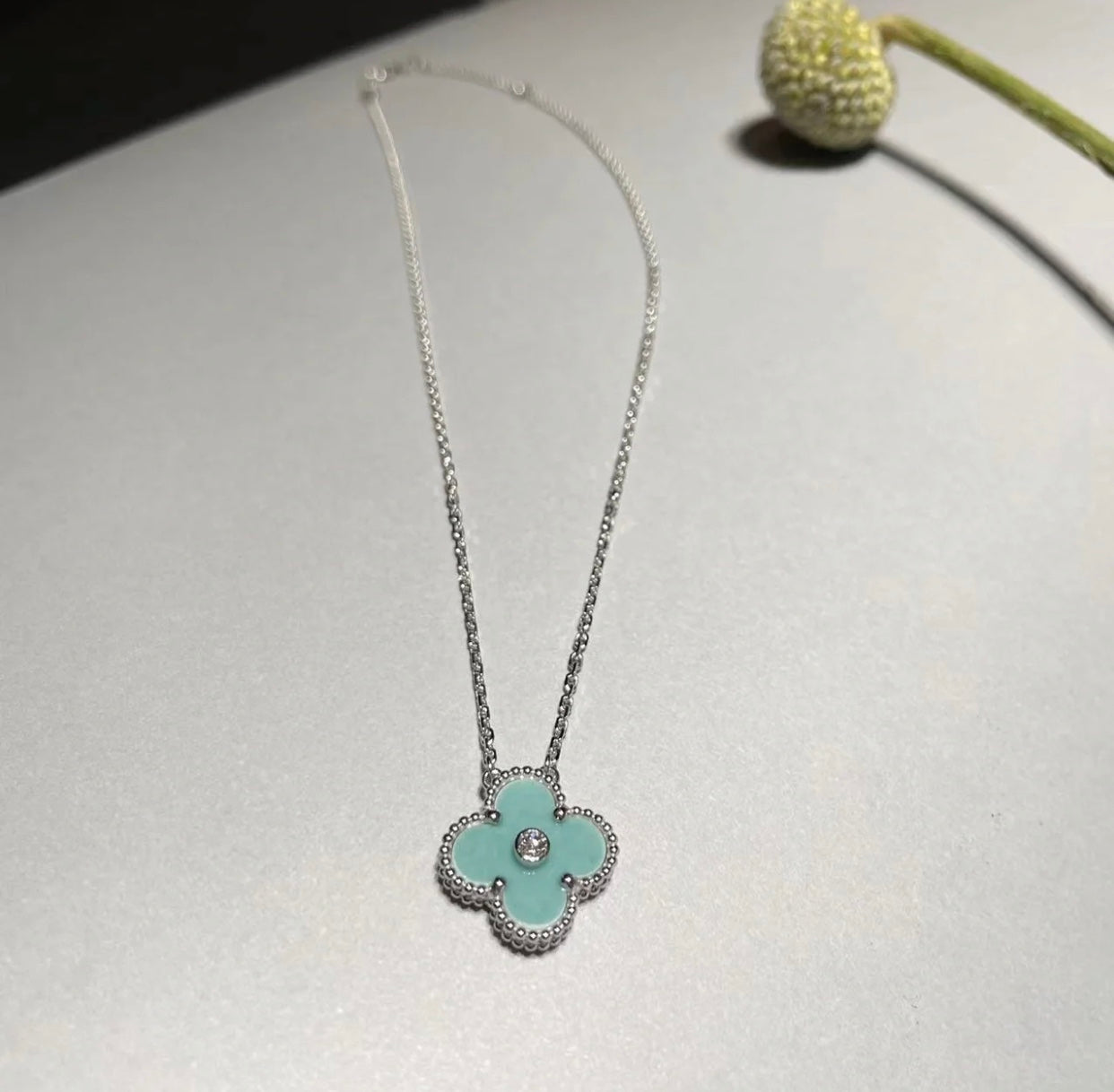 [Vintora]COLLIER TRÈFLE 1 DIAMANT BLEU CLAIR ARGENT