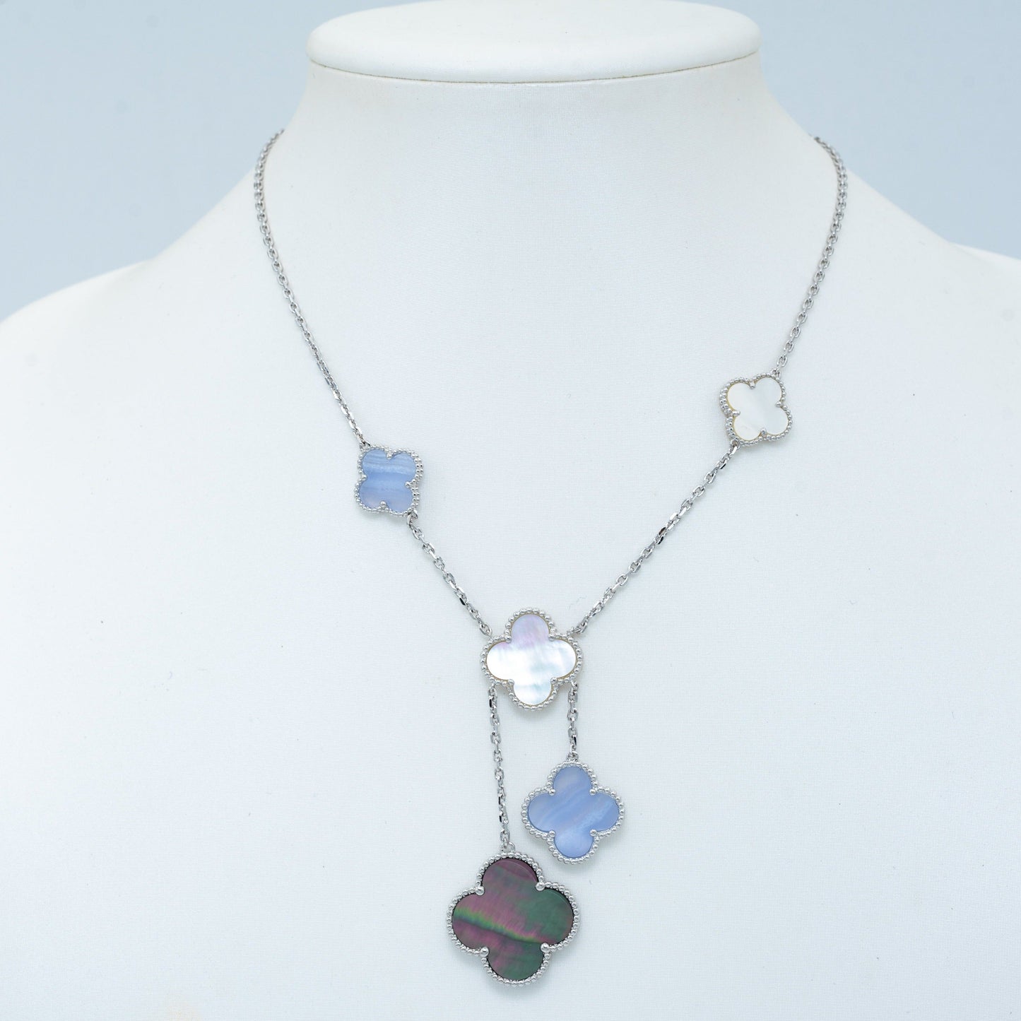 [Vintora]COLLIER TRÈFLE NACS CHALCEDOINE ARGENT 6 MOTIFS