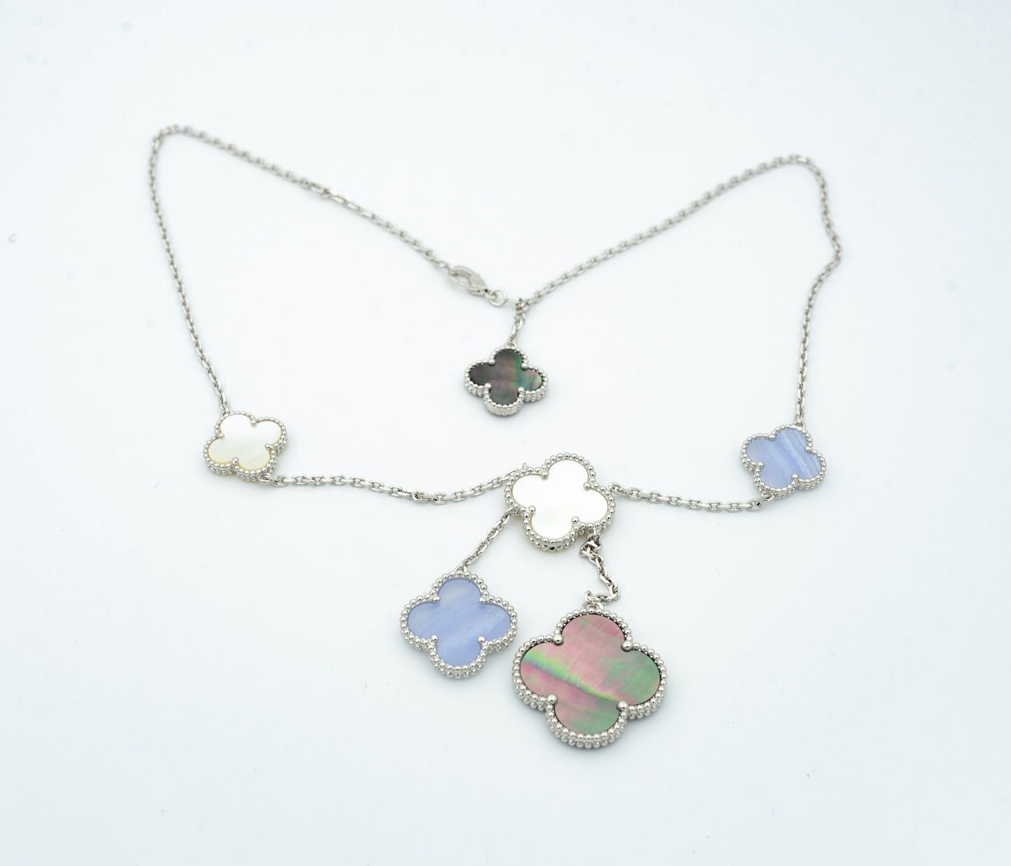 [Vintora]COLLIER TRÈFLE NACS CHALCEDOINE ARGENT 6 MOTIFS